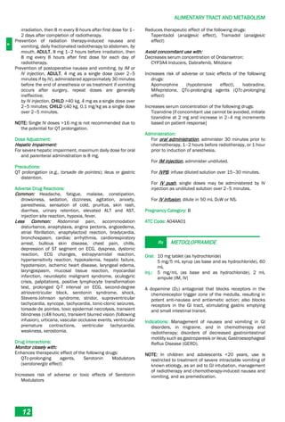 A
ALIMENTARY TRACT AND METABOLISM
12
irradiation, then 8 m every 8 hours after first dose for 1–
2 days after completion of radiotherapy.
Prevention of radiation therapy-induced nausea and
vomiting, daily fractionated radiotherapy to abdomen, by
mouth, ADULT, 8 mg 1–2 hours before irradiation, then
8 mg every 8 hours after first dose for each day of
radiotherapy.
Prevention of postoperative nausea and vomiting, by IM or
IV injection, ADULT, 4 mg as a single dose (over 2–5
minutes if by IV), administered approximately 30 minutes
before the end of anesthesia or as treatment if vomiting
occurs after surgery, repeat doses are generally
ineffective;
by IV injection, CHILD >40 kg, 4 mg as a single dose over
2–5 minutes; CHILD ≤40 kg, 0.1 mg/kg as a single dose
over 2–5 minutes.
NOTE: Single IV doses >16 mg is not recommended due to
the potential for QT prolongation.
Dose Adjustment:
Hepatic Impairment:
For severe hepatic impairment, maximum daily dose for oral
and parenteral administration is 8 mg.
Precautions:
QT prolongation (e.g., torsade de pointes); ileus or gastric
distention.
Adverse Drug Reactions:
Common: Headache, fatigue, malaise, constipation,
drowsiness, sedation, dizziness, agitation, anxiety,
paresthesia, sensation of cold, pruritus, skin rash,
diarrhea, urinary retention, elevated ALT and AST,
injection site reaction, hypoxia, fever.
Less Common: Abdominal pain, accommodation
disturbance, anaphylaxis, angina pectoris, angioedema,
atrial fibrillation, anaphylactoid reaction, bradycardia,
bronchospasm, cardiac arrhythmia, cardiorespiratory
arrest, bullous skin disease, chest pain, chills,
depression of ST segment on ECG, dyspnea, dystonic
reaction, ECG changes, extrapyramidal reaction,
hypersensitivity reaction, hypokalemia, hepatic failure,
hypotension, ischemic heart disease, laryngeal edema,
laryngospasm, mucosal tissue reaction, myocardial
infarction, neuroleptic malignant syndrome, oculogyric
crisis, palpitations, positive lymphocyte transformation
test, prolonged Q­T interval on ECG, second-degree
atrioventricular block, serotonin syndrome, shock,
Stevens-Johnson syndrome, stridor, supraventricular
tachycardia, syncope, tachycardia, tonic-clonic seizures,
torsade de pointes, toxic epidermal necrolysis, transient
blindness (≤48 hours), transient blurred vision (following
infusion), urticaria, vascular occlusive events, ventricular
premature contractions, ventricular tachycardia,
weakness, xerostomia.
Drug Interactions:
Monitor closely with:
Enhances therapeutic effect of the following drugs:
QTc-prolonging agents, Serotonin Modulators
(serotonergic effect)
Increases risk of adverse or toxic effects of Serotonin
Modulators
Reduces therapeutic effect of the following drugs:
Tapentadol (analgesic effect), Tramadol (analgesic
effect)
Avoid concomitant use with:
Decreases serum concentration of Ondansetron:
CYP3A4 Inducers, Dabrafenib, Mitotane
Increases risk of adverse or toxic effects of the following
drugs:
Apomorphine (hypotensive effect), Ivabradine,
Mifepristone, QTc-prolonging agents (QTc-prolonging
effect)
Increases serum concentration of the following drugs:
Tizanidine [if concomitant use cannot be avoided, initiate
tizanidine at 2 mg and increase in 2–4 mg increments
based on patient response]
Administration:
For oral administration, administer 30 minutes prior to
chemotherapy, 1–2 hours before radiotherapy, or 1 hour
prior to induction of anesthesia.
For IM injection, administer undiluted.
For IVPB, infuse diluted solution over 15–30 minutes.
For IV push, single doses may be administered by IV
injection as undiluted solution over 2–5 minutes.
For IV infusion, dilute in 50 mL D5W or NS.
Pregnancy Category: B
ATC Code: A04AA01
Rx METOCLOPRAMIDE
Oral: 10 mg tablet (as hydrochloride)
5 mg/5 mL syrup (as base and as hydrochloride), 60
mL
Inj.: 5 mg/mL (as base and as hydrochloride), 2 mL
ampule (IM, IV)
A dopamine (D2) antagonist that blocks receptors in the
chemoreceptor trigger zone of the medulla, resulting in
potent anti-nausea and antiemetic action; also blocks
receptors in the GI tract, stimulating gastric emptying
and small intestinal transit.
Indications: Management of nausea and vomiting in GI
disorders, in migraine, and in chemotherapy and
radiotherapy; disorders of decreased gastrointestinal
motility such as gastroparesis or ileus; Gastroesophageal
Reflux Disease (GERD).
NOTE: In children and adolescents <20 years, use is
restricted to treatment of severe intractable vomiting of
known etiology, as an aid to GI intubation, management
of radiotherapy and chemotherapy-induced nausea and
vomiting, and as premedication.
 