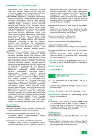 A
ALIMENTARY TRACT AND METABOLISM
21
cholelithiasis, biliary sludge, constipation, vomiting,
biliary duct dilatation, injection site pain, back pain,
arthropathy, myalgia, upper respiratory tract infection,
dyspnea, antibodies to octreotide, flu symptoms
Less Common: Hypertension, conduction abnormalities,
arrhythmia, palpitation, peripheral edema, pain, anxiety,
confusion, hypoesthesia, insomnia, rash, alopecia,
dyspepsia, steatorrhea, tenesmus, anorexia, cramping,
arthralgia, myalgia, paresthesia, anemia, weakness,
earache, renal calculus, cough, pharyngitis, rhinitis,
sinusitis, allergy, diaphoresis, angina, cardiac failure,
edema, flushing, hematoma, phlebitis, abnormal gait,
amnesia, depression, dysphonia, hallucinations,
nervousness, neuralgia, somnolence, vertigo, acne,
rigors, bruising, cellulitis, hypoglycaemia, hypokalemia,
gout, cachexia, breast pain, impotence, colitis,
diverticulitis, dysphagia, gastritis, gastroenteritis,
gingivitis, glossitis, melena, stomatitis, taste perversion,
xerostomia, incontinence, urinary tract infection,
injection site hematoma, fat malabsorption,
hyperkinesia, hypertonia, joint pain, neuropathy, tremor,
blurred vision, visual disturbance, tinnitus, renal
abscess, bronchitis, epistaxis, bacterial infection,
moniliasis
Rare: Amenorrhea, anaphylactic shock, anaphylactoid
reactions, aneurysm, aphasia, appendicitis, arthritis,
ascending cholangitis, ascites, atrial fibrillation, basal
cell carcinoma, Bell's palsy, biliary obstruction, breast
carcinoma, cardiac arrest, cerebral vascular disorder,
CHF, cholecystitis, cholestatic hepatitis, CK increased,
creatinine increased, deafness, diabetes insipidus,
diabetes mellitus, facial edema, fatty liver, galactorrhea,
GI bleeding, GI hemorrhage, GI ulcer, glaucoma,
gynecomastia, gallbladder polyp, hematuria,
hemiparesis, hemorrhoids, hearing impairment,
hepatitis, hyperesthesia, hypertensive reaction,
hypoadrenalism, hypoxia (children), intestinal
obstruction, intracranial hemorrhage, intraocular
pressure increased, iron deficiency, ischemia, jaundice,
joint effusion, increased LFTs, decreased libido,
malignant hyperpyrexia, MI, necrotizing enterocolitis
(neonates), migraine, nephrolithiasis, neuritis,
oligomenorrhea, pancreatitis, orthostatic hypotension,
pancytopenia, paranoia, paresis, petechiae, pituitary
apoplexy, pleural effusion, pneumonia, pneumothorax,
polymenorrhea, pulmonary embolism, pulmonary
hypertension, pulmonary nodule, QT prolongation,
Raynaud’s syndrome, rectal bleeding, renal failure, renal
insufficiency, retinal vein thrombosis, scotoma, seizures,
status asthmaticus, suicide attempt, syncope,
tachycardia, thrombocytopenia, thrombophlebitis,
thrombosis, urticaria, vaginitis, visual field defect,
vitamin B12 deficiency, weight loss, wheal or erythema
Drug Interactions:
Monitor closely with:
Decreases metabolism of Codeine [impairs formation of two
major metabolites, morphine and norcodeine]
Enhances therapeutic effect of the following drugs:
Antidiabetic Agents, Bradycardia-causing Agents,
Ivabradine (bradycardic effect)
Increases risk of adverse or toxic effects of Octreotide:
Androgens [except Danazol] (hypoglycemic effect),
Bretylium (bradycardic effect; AV blockade), Herbs with
Hypoglycemic Properties (hypoglycemic effect), MAO
Inhibitors (hypoglycemic effect), Other Hypoglycemia-
associated Agents (hypoglycemic effect), Pegvisomant
(hypoglycemic effect), Quinolone Antibiotics
(hypoglycemic effect), Ruxolitinib (bradycardic effect),
Salicylates (hypoglycemic effect), Selective Serotonin
Reuptake Inhibitors e.g. fluoxetine (hypoglycemic effect),
Tofacitinib (bradycardic effect)
Increases risk of adverse or toxic effects of the following
drugs:
Lacosamide (AV-blocking effect), Moderate Risk QTc-
Prolonging Agents (QTc-prolonging effect), Pegvisomant
(significant elevations of liver enzymes)
Reduces therapeutic effect of Octreotide:
Quinolone Antibiotics e.g. Levofloxacin
Reduces therapeutic effect of Antidiabetic Agents
Avoid concomitant use with:
Decreases serum concentration of Cyclosporine (Systemic)
Increases risk of adverse or toxic effects of the following
drugs:
Ceritinib (bradycardic effect), Highest-Risk QTc-
Prolonging Agent (QTc-prolonging effect), Mifepristone
(QTc-prolonging effect)
Administration: Administer IV injections between meals to
decrease GI effects. May alter absorption of dietary fats.
Pregnancy Category: B
ATC Code: H01CB02
Rx SOMATOSTATIN
Inj.: 250 micrograms and 3 mg ampule / vial (IV, IV
infusion)
A cyclic tetradecapeptide that inhibits the release of human
growth hormone
Indication: Hemostatic medicines for esophageal varices
Contraindications: Pregnancy or breastfeeding (consult
specific product labeling)
Dose:
For esophageal varices bleeding, by IV bolus, ADULT, initially
250 micrograms over at least 1 minute, followed by
maintenance dose as continuous IV infusion at 250
micrograms/hour for 2–5 days, may repeat initial bolus
in first hour if hemorrhage is not controlled.
Dose Adjustment:
Renal Impairment:
For CrCl ≤30 mL/minute, administer 50% of the usual dose.
Precautions:
Glucose regulation; Insulin-dependent diabetes; Oliguria;
Cardiovascular disease (monitor vital functions closely,
especially following initial bolus injection).
 