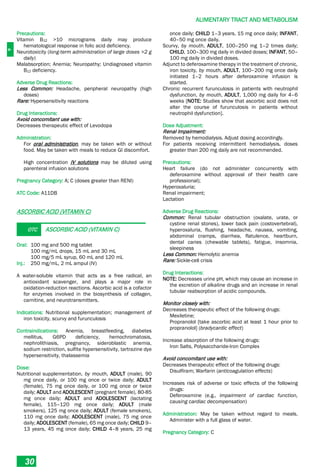 A
ALIMENTARY TRACT AND METABOLISM
30
Precautions:
Vitamin B12 >10 micrograms daily may produce
hematological response in folic acid deficiency.
Neurotoxicity (long-term administration of large doses >2 g
daily)
Malabsorption; Anemia; Neuropathy; Undiagnosed vitamin
B12 deficiency.
Adverse Drug Reactions:
Less Common: Headache, peripheral neuropathy (high
doses)
Rare: Hypersensitivity reactions
Drug Interactions:
Avoid concomitant use with:
Decreases therapeutic effect of Levodopa
Administration:
For oral administration, may be taken with or without
food. May be taken with meals to reduce GI discomfort.
High concentration IV solutions may be diluted using
parenteral infusion solutions
Pregnancy Category: A; C (doses greater than RENI)
ATC Code: A11DB
ASCORBIC ACID (VITAMIN C)
OTC ASCORBIC ACID (VITAMIN C)
Oral: 100 mg and 500 mg tablet
100 mg/mL drops, 15 mL and 30 mL
100 mg/5 mL syrup, 60 mL and 120 mL
Inj.: 250 mg/mL, 2 mL ampul (IV)
A water-soluble vitamin that acts as a free radical, an
antioxidant scavenger, and plays a major role in
oxidation-reduction reactions. Ascorbic acid is a cofactor
for enzymes involved in the biosynthesis of collagen,
carnitine, and neurotransmitters.
Indications: Nutritional supplementation; management of
iron toxicity, scurvy and furunculosis
Contraindications: Anemia, breastfeeding, diabetes
mellitus, G6PD deficiency, hemochromatosis,
nephrolithiasis, pregnancy, sideroblastic anemia,
sodium restriction, sulfite hypersensitivity, tartrazine dye
hypersensitivity, thalassemia
Dose:
Nutritional supplementation, by mouth, ADULT (male), 90
mg once daily, or 100 mg once or twice daily; ADULT
(female), 75 mg once daily, or 100 mg once or twice
daily; ADULT and ADOLESCENT (pregnant female), 80-85
mg once daily; ADULT and ADOLESCENT (lactating
female), 115–120 mg once daily; ADULT (male
smokers), 125 mg once daily; ADULT (female smokers),
110 mg once daily; ADOLESCENT (male), 75 mg once
daily; ADOLESCENT (female), 65 mg once daily; CHILD 9–
13 years, 45 mg once daily; CHILD 4–8 years, 25 mg
once daily; CHILD 1–3 years, 15 mg once daily; INFANT,
40–50 mg once daily.
Scurvy, by mouth, ADULT, 100–250 mg 1–2 times daily;
CHILD, 100–300 mg daily in divided doses; INFANT, 50–
100 mg daily in divided doses.
Adjunct to deferoxamine therapy in the treatment of chronic,
iron toxicity, by mouth, ADULT, 100–200 mg once daily
initiated 1–2 hours after deferoxamine infusion is
started.
Chronic recurrent furunculosis in patients with neutrophil
dysfunction, by mouth, ADULT, 1,000 mg daily for 4–6
weeks [NOTE: Studies show that ascorbic acid does not
alter the course of furunculosis in patients without
neutrophil dysfunction].
Dose Adjustment:
Renal Impairment:
Removed by hemodialysis. Adjust dosing accordingly.
For patients receiving intermittent hemodialysis, doses
greater than 200 mg daily are not recommended.
Precautions:
Heart failure (do not administer concurrently with
deferoxamine without approval of their health care
professional);
Hyperoxaluria;
Renal impairment;
Lactation
Adverse Drug Reactions:
Common: Renal tubular obstruction (oxalate, urate, or
cystine renal stones), lower back pain (costovertebral),
hyperoxaluria, flushing, headache, nausea, vomiting,
abdominal cramps, diarrhea, flatulence, heartburn,
dental caries (chewable tablets), fatigue, insomnia,
sleepiness
Less Common: Hemolytic anemia
Rare: Sickle-cell crisis
Drug Interactions:
NOTE: Decreases urine pH, which may cause an increase in
the excretion of alkaline drugs and an increase in renal
tubular reabsorption of acidic compounds.
Monitor closely with:
Decreases therapeutic effect of the following drugs:
Mexiletine;
Propranolol [take ascorbic acid at least 1 hour prior to
propranolol] (bradycardic effect)
Increase absorption of the following drugs:
Iron Salts, Polysaccharide-Iron Complex
Avoid concomitant use with:
Decreases therapeutic effect of the following drugs:
Disulfiram; Warfarin (anticoagulation effects)
Increases risk of adverse or toxic effects of the following
drugs:
Deferoxamine (e.g., impairment of cardiac function,
causing cardiac decompensation)
Administration: May be taken without regard to meals.
Administer with a full glass of water.
Pregnancy Category: C
 