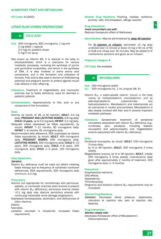 A
ALIMENTARY TRACT AND METABOLISM
31
ATC Code: A11GA01
OTHER PLAIN VITAMIN PREPARATIONS
Rx FOLIC ACID
Oral: 400 micrograms, 800 micrograms, 1 mg and
5 mg tablet / capsule
2.5 mg/mL pediatric drops
5 mg/5 mL syrup
Also known as Vitamin B9, it is reduced in the body to
tetrahydrofolate, which is a coenzyme for various
metabolic processes, including the synthesis of purine
and pyrimidine nucleotides, and hence in the synthesis
of DNA. It is also involved in some amino acid
conversions, and in the formation and utilization of
formate. Folic acid is also used in women of child­bearing
potential and pregnant women to protect against neural
tube defects in their offspring.
Indications: Treatment of megaloblastic and macrocytic
anemias due to folate deficiency; used for diarrhea in
pediatric patients
Contraindication: Hypersensitivity to folic acid or any
component of the formulation
Dose:
Anemia, by mouth, IV, IM, or SC injection, ADULT, 0.4 mg
daily; PREGNANT AND LACTATING WOMEN, 0.8 mg daily;
CHILD <4 years, up to 0.3 mg daily; INFANT, 0.1 mg daily.
Adequate intake (expressed as folate equivalents), by
mouth, INFANT 7–12 months, 80 micrograms daily;
INFANT 1–6 months, 65 micrograms daily.
Recommended daily allowance, RDA (expressed as dietary
folate equivalents), by mouth, ADULT, 400 micrograms
daily; PREGNANT WOMEN, 600 micrograms daily;
LACTATING WOMEN, 500 micrograms daily; CHILD 9–13
years, 300 micrograms daily; CHILD 4–8 years, 200
micrograms daily; CHILD 1–3 years, 150 micrograms
daily.
Dose Adjustment:
Geriatric:
Vitamin B12 deficiency must be ruled out before initiating
folate therapy due to frequency of combined nutritional
deficiencies. RDA requirements, 400 micrograms daily
(minimum, 0.4 mg).
Precautions:
Anemia (not appropriate for monotherapy with pernicious,
aplastic, or normocytic anemias when anemia is present
with vitamin B12 deficiency); pernicious anemia (doses
>0.1 mg daily may obscure pernicious anemia with
continuing irreversible nerve damage progression);
Depressed hematopoiesis, alcoholism, and deficiencies of
other vitamins.
Elderly;
Neonates;
Lactation (excreted in breastmilk; increased folate
requirement).
Adverse Drug Reactions: Flushing, malaise, erythema,
pruritus, rash, bronchospasm, allergic reaction
Drug Interactions:
Avoid concomitant use with:
Reduces therapeutic effect of Raltitrexed
Administration: May be administered by deep IM injection.
For IV injection or infusion, administer ≤5 mg dose
undiluted over ≥1 minute or dilute ≤5 mg in 50 mL of NS
or D5W and infuse over 30 minutes. May be added to IV
maintenance solutions and given as an infusion.
Pregnancy Category: A
ATC Code: Not available
Rx MECOBALAMIN
Oral: 500 micrograms tablet
Inj.: 500 micrograms/mL, 1 mL ampule (IM, IV)
Vitamin B12, a water-soluble vitamin, occurs in the body
mainly as methylcobalamin (mecobalamin), and as
adenosylcobalamin (cobamamide) and
hydroxocobalamin. Mecobalamin and cobamamide act
as coenzymes in nucleic acid synthesis. Mecobalamin is
also closely involved with folic acid in several important
metabolic pathways.
Indications: Symptomatic treatment of peripheral
neuropathy associated with vitamin B12 deficiency (e.g.,
numbness, pain, paralysis), including diabetic
neuropathy and polyneuropathy and megaloblastic
anemia associated with vitamin B12 deficiency.
Dose:
Peripheral neuropathy, by mouth, ADULT, 500 micrograms
3 times daily;
by IV or IM injection, ADULT, 500 micrograms 3 times
weekly.
Megaloblastic anemia, by IV or IM injection, ADULT, initially
500 micrograms 3 times weekly; (maintenance dose
given after approximately 2 months of treatment, 500
micrograms every 1–3 months).
Precautions:
Anaphylactoid reactions;
CNS effects;
Hypokalemia;
Thrombocytosis;
Pregnancy and lactation (vitamin B12 requirements may be
increased).
Adverse Drug Reactions:
Common: Decreased blood pressure, diaphoresis,
induration at injection site, pain at injection site,
dyspnea.
Drug Interactions:
Monitor closely with:
Decreases therapeutic effect of Mecobalamin:
Chloramphenicol
 