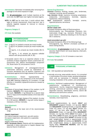 A
ALIMENTARY TRACT AND METABOLISM
32
Administration: Administer immediately after removing from
package to limit direct exposure to light.
For IM administration, avoid multiple injections at the
same site. Do NOT inject near highly innervated regions.
NOTE: Do NOT use for more than 1 month without clear
signs of clinical improvement. Avoid long term use in
patients regularly exposed to mercury or mercury
compounds.
Pregnancy Category: C
ATC Code: Not available
Rx
PHYTOMENADIONE
(PHYTONADIONE, VITAMIN K1)
Oral: 2 mg/0.2 mL pediatric ampule (as mixed micelle)
Inj.: 2 mg/0.2 mL pediatric ampule (as mixed micelle) (IM,
IV)
10 mg/mL, 1 mL ampule (as mixed micelle) (IM, IV,
SC)
10 mg/mL, 1 mL ampule (as aqueous colloidal
solution with benzyl alcohol) (IM, IV, SC)
A fat-soluble vitamin that is an essential cofactor in the
synthesis of blood coagulation factors: prothrombin (II),
proconvertin (VII), plasma thromboplastin component
(IX), Stuart factor (X), and proteins C and S.
Indications: Management of anticoagulant-induced
prothrombin deficiency caused by indanedione or
coumarin derivatives such as warfarin; treatment and
prophylaxis against hemorrhagic disease of the newborn.
Contraindications: Known hypersensitivity to
phytomenadione or any component of the formulation;
avoid IM if bleeding; pregnancy (3rd trimester); it is not
effective in hereditary hypoprothrombinemia caused by
liver disease.
Dose:
Prophylaxis of hemorrhagic disease of the newborn, by IM
injection, NEONATE, 0.5-1 mg as single dose;
by mouth, NEONATE, 2 mg followed by a second dose
after 4-7 days and for breastfed babies a third dose after
1 month.
Treatment of hemorrhagic disease of the newborn, by slow
IV or IM injection, NEONATE, 1 mg (with further doses if
necessary, at 8-hour intervals).
Dose Adjustment:
Geriatric:
Dose should be at the lower end of the recommended
range.
Hepatic Impairment:
For mild-to-moderate impairment, use with caution.
For severe impairment, refer patient to a specialist.
Precautions:
Hepatic impairment; Elderly.
NOTE: Fat-soluble Vitamin. Patients with fat malabsorption,
especially in biliary obstruction or hepatic disease may
become Vitamin K deficient.
Adverse Drug Reactions:
Common: Erythema, flushing, nausea, pain, tenderness,
tiredness, vomiting, warmth sensation
Less Common: Allergic reactions (including anaphylaxis),
bradycardia, bronchospasm, dizziness, dyspnea,
hypotension, rebound bleeding
Rare: Anaphylactoid reactions, hemolytic anemia,
hyperbilirubinemia, kernicterus
Drug Interactions:
Monitor closely with:
Decreases therapeutic effect of Phytomenadione:
Anticonvulsants, e.g., Phenobarbital, Phenytoin, Anti-
tuberculosis Drugs, e.g., Isoniazid, Rifampicin (may
cause vitamin K deficiency bleeding on the first day of
life in newborns)
Avoid concomitant use with:
Decreases therapeutic effect of the following drugs:
Anticoagulants, e.g., Warfarin (increases synthesis of
blood clotting factors)
Administration: IV administration should be slow, over 30
seconds. Rapid infusion can cause dyspnea, chest pain,
and back pain.
Pregnancy Category: C; X in 3rd trimester or near term
ATC Code: Not available
OTC PYRIDOXINE (VITAMIN B6)
Oral: 100 mg tablet (as hydrochloride)
A naturally occurring, water-soluble vitamin. It is converted
in erythrocytes to its active moiety, pyridoxal phosphate,
which acts as coenzymes in metabolic processes,
including metabolism of fat, protein, and carbohydrate.
Indications: Nutritional supplementation; Management of
cystathionuria, management of homocystinuria,
hyperoxaluria, neuritis, pregnancy-inducednausea and
vomiting, premenstrual syndrome (PMS), pyridoxine-
dependent seizures, sideroblastic anemia, vitamin B6
deficiency and xanthurenic aciduria.
Contraindications: Breastfeeding, pregnancy, premature
neonates, renal impairment.
Dose:
Nutritional supplementation, by mouth, ADULT and
ADOLESCENT (pregnant female), 1.9 mg daily; ADULT
and ADOLESCENT (lactating female), 2 mg daily; ADULT
(male ≥51 years), 1.5 mg daily; ADULT (female ≥51
years), 1.7 mg once daily; ADULT, 1.3 mg daily;
ADOLESCENT (male), 1.3 mg daily (RDA); ADOLESCENT
(female), 1.2 mg daily (RDA); CHILD 9-13 years, 1 mg
daily (RDA); CHILD 4-8 years, 0.6 mg daily (RDA); CHILD
1-3 years, 0.5 mg daily (RDA); INFANT >6 months, 0.3 mg
daily (weight-based dosing is approximately 0.033
mg/kg daily); INFANT ≤6 months and NEONATE, 0.1 mg
daily (weight-based dosing is approximately 0.014
mg/kg daily); PREMATURE NEONATE, 150 TO 210
micrograms/kg daily.
 