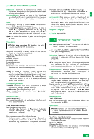 A
ALIMENTARY TRACT AND METABOLISM
39
Indications: Treatment of iron-deficiency anemia and
supplement and prophylaxis in people on hemodialysis
receiving erythropoietin.
Contraindications: Anemia not due to iron deficiency;
parenteral iron therapy; in patients receiving repeated
blood transfusions; hemochromatosis; hemosiderosis
Dose:
Iron-deficiency anemia, by mouth, ADULT, elemental iron,
100–200 mg daily in divided doses.
Prevention of iron-deficiency anemia (in those at risk), by
mouth, ADULT (woman), elemental iron 60 mg daily;
CHILD >5 years, elemental iron 30 mg daily; CHILD <5
years, elemental iron 2 mg/kg daily (maximum, 30 mg).
NOTE: For women and children >5 years, folic acid may also
be given.
Precautions:
WARNING: May exacerbate GI bleeding. Use with
caution in patients with GI disorders.
Not to be administered for longer than 6 months (monitor
closely for potential complications);
Transfusion-dependent anemia;
Peptic ulcer;
Regional enteritis;
Ulcerative colitis;
Intestinal strictures;
Diverticula;
Pregnancy (avoid use in the first trimester; administer only
in women with low-normal hemoglobin).
NOTE: In cases of overdose, initiate therapy with
deferoxamine. Before administration of deferoxamine,
the stomach should be emptied by gastric lavage (with a
wide-bore tube), preferable within one hour of ingesting
a significant quantity of iron or if radiography reveals
tablets in the stomach.
Adverse Drug Reactions:
Common: Abdominal pain, black discoloration of feces,
constipation, diarrhea, nausea, vomiting
Less Common: Black discoloration of teeth
Rare: Anaphylaxis, GI erosion and perforation,
hemosiderosis
Drug Interactions:
Monitor closely with:
Decreases bioavailability of Methyldopa (interferes with
blood pressure control)
Avoid concomitant use with:
Decreases absorption of Iron:
Antacids, e.g., Aluminum or Magnesium Hydroxide,
Calcium, Doxycycline, Food, e.g., eggs, milk,
Tetracyclines, Zinc Salts
Decreases absorption of the following drugs:
Bisphosphonates e.g., Alendronate, Doxycycline,
Levothyroxine [administer at least 2 hours apart],
Quinolones, e.g., Ciprofloxacin, Tetracyclines, Zinc Salts
Decreases therapeutic effect of the following drugs:
Bisphosphonates e.g., Alendronate, Quinolones, e.g.,
Ciprofloxacin, Tetracyclines (anti-infective activity)
Administration: Best absorbed on an empty stomach but
may be taken after food to reduce GI adverse effects.
Dilute with water liquid preparations containing iron
salts, and if possible swallow through a drinking straw to
prevent teeth discoloration.
Pregnancy Category: C
ATC Code: Not available
Rx FERROUS SALT + FOLIC ACID
Oral: 60 mg elemental iron + 400 micrograms folic acid per
tablet / capsule / film-coated tablet
A two-component, nutritional supplement of iron and folic
acid given during pregnancy.
Indications: Prevention of iron and folic acid deficiencies,
especially in pregnancy; nutritional supplement during
pregnancy.
NOTE: Low doses of folic acid in combination preparations
are inadequate for the treatment of megaloblastic
anemia, overdose, and therapy with deferoxamine.
Contraindications: Hemolytic anemia; hemochromatosis;
hemosiderosis; repeated blood transfusions of
parenteral iron therapy; pernicious anemia
Dose:
Prevention of iron and folate deficiencies in pregnancy, by
mouth, ADULT, elemental iron, 100 mg + folic acid, 350–
400 micrograms daily throughout pregnancy.
Severe anemia, by mouth, ADULT, elemental iron, 120 mg
+ folic acid 400 micrograms daily for 3 months; CHILD
2–12 years, elemental iron 60 mg + folic acid, 400
micrograms daily for 3 months; CHILD <2 years,
elemental iron, 25 mg + folic acid 100–400 micrograms
daily for 3 months.
Dose Adjustment:
Renal Impairment:
Give iron supplementation when the patient is anemic, and
iron saturation is <20%.
Precautions:
WARNING: Iron salts can exacerbate GI bleeding; thus,
it should be used with caution in patients with GI
disorders.
Transfusion-dependent anemia;
Peptic ulcer, regional enteritis, ulcerative colitis, intestinal
strictures, diverticula;
Pernicious anemia;
Elderly and children;
Pregnancy (avoid use in the first trimester; administer only
in women with low-normal hemoglobin).
 