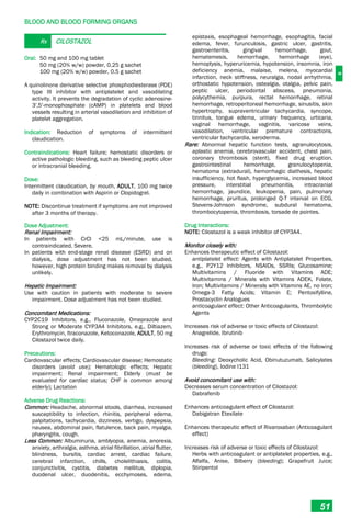 B
BLOOD AND BLOOD FORMING ORGANS
51
Rx CILOSTAZOL
Oral: 50 mg and 100 mg tablet
50 mg (20% w/w) powder, 0.25 g sachet
100 mg (20% w/w) powder, 0.5 g sachet
A quinolinone derivative selective phosphodiesterase (PDE)
type III inhibitor with antiplatelet and vasodilating
activity. It prevents the degradation of cyclic adenosine-
3′,5′-monophosphate (cAMP) in platelets and blood
vessels resulting in arterial vasodilation and inhibition of
platelet aggregation.
Indication: Reduction of symptoms of intermittent
claudication.
Contraindications: Heart failure; hemostatic disorders or
active pathologic bleeding, such as bleeding peptic ulcer
or intracranial bleeding.
Dose:
Intermittent claudication, by mouth, ADULT, 100 mg twice
daily in combination with Aspirin or Clopidogrel.
NOTE: Discontinue treatment if symptoms are not improved
after 3 months of therapy.
Dose Adjustment:
Renal Impairment:
In patients with CrCl <25 mL/minute, use is
contraindicated. Severe.
In patients with end-stage renal disease (ESRD) and on
dialysis, dose adjustment has not been studied,
however, high protein binding makes removal by dialysis
unlikely.
Hepatic Impairment:
Use with caution in patients with moderate to severe
impairment. Dose adjustment has not been studied.
Concomitant Medications:
CYP2C19 Inhibitors, e.g., Fluconazole, Omeprazole and
Strong or Moderate CYP3A4 Inhibitors, e.g., Diltiazem,
Erythromycin, Itraconazole, Ketoconazole, ADULT, 50 mg
Cilostazol twice daily.
Precautions:
Cardiovascular effects; Cardiovascular disease; Hemostatic
disorders (avoid use); Hematologic effects; Hepatic
impairment; Renal impairment; Elderly (must be
evaluated for cardiac status; CHF is common among
elderly); Lactation
Adverse Drug Reactions:
Common: Headache, abnormal stools, diarrhea, increased
susceptibility to infection, rhinitis, peripheral edema,
palpitations, tachycardia, dizziness, vertigo, dyspepsia,
nausea, abdominal pain, flatulence, back pain, myalgia,
pharyngitis, cough.
Less Common: Albuminuria, amblyopia, anemia, anorexia,
anxiety, arthralgia, asthma, atrial fibrillation, atrial flutter,
blindness, bursitis, cardiac arrest, cardiac failure,
cerebral infarction, chills, cholelithiasis, colitis,
conjunctivitis, cystitis, diabetes mellitus, diplopia,
duodenal ulcer, duodenitis, ecchymoses, edema,
epistaxis, esophageal hemorrhage, esophagitis, facial
edema, fever, furunculosis, gastric ulcer, gastritis,
gastroenteritis, gingival hemorrhage, gout,
hematemesis, hemorrhage, hemorrhage (eye),
hemoptysis, hyperuricemia, hypotension, insomnia, iron
deficiency anemia, malaise, melena, myocardial
infarction, neck stiffness, neuralgia, nodal arrhythmia,
orthostatic hypotension, ostealgia, otalgia, pelvic pain,
peptic ulcer, periodontal abscess, pneumonia,
polycythemia, purpura, rectal hemorrhage, retinal
hemorrhage, retroperitoneal hemorrhage, sinusitis, skin
hypertrophy, supraventricular tachycardia, syncope,
tinnitus, tongue edema, urinary frequency, urticaria,
vaginal hemorrhage, vaginitis, varicose veins,
vasodilation, ventricular premature contractions,
ventricular tachycardia, xeroderma.
Rare: Abnormal hepatic function tests, agranulocytosis,
aplastic anemia, cerebrovascular accident, chest pain,
coronary thrombosis (stent), fixed drug eruption,
gastrointestinal hemorrhage, granulocytopenia,
hematoma (extradural), hemorrhagic diathesis, hepatic
insufficiency, hot flash, hyperglycemia, increased blood
pressure, interstitial pneumonitis, intracranial
hemorrhage, jaundice, leukopenia, pain, pulmonary
hemorrhage, pruritus, prolonged Q­T interval on ECG,
Stevens-Johnson syndrome, subdural hematoma,
thrombocytopenia, thrombosis, torsade de pointes.
Drug Interactions:
NOTE: Cilostazol is a weak inhibitor of CYP3A4.
Monitor closely with:
Enhances therapeutic effect of Cilostazol:
antiplatelet effect: Agents with Antiplatelet Properties,
e.g., P2Y12 Inhibitors, NSAIDs, SSRIs; Glucosamine;
Multivitamins / Fluoride with Vitamins ADE;
Multivitamins / Minerals with Vitamins ADEK, Folate,
Iron; Multivitamins / Minerals with Vitamins AE, no Iron;
Omega­3 Fatty Acids; Vitamin E; Pentoxifylline,
Prostacyclin Analogues
anticoagulant effect: Other Anticoagulants, Thrombolytic
Agents
Increases risk of adverse or toxic effects of Cilostazol:
Anagrelide, Ibrutinib
Increases risk of adverse or toxic effects of the following
drugs:
Bleeding: Deoxycholic Acid, Obinutuzumab, Salicylates
(bleeding), Iodine I131
Avoid concomitant use with:
Decreases serum concentration of Cilostazol:
Dabrafenib
Enhances anticoagulant effect of Cilostazol:
Dabigatran Etexilate
Enhances therapeutic effect of Rivaroxaban (Anticoagulant
effect)
Increases risk of adverse or toxic effects of Cilostazol:
Herbs with anticoagulant or antiplatelet properties, e.g.,
Alfalfa, Anise, Bilberry (bleeding); Grapefruit Juice;
Stiripentol
 