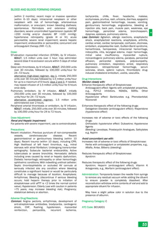 B
BLOOD AND BLOOD FORMING ORGANS
55
(within 2 months); recent major or invasive operation
(within 6–10 days); intracranial neoplasm or other
neoplasm with risk of hemorrhage, arteriovenous
malformation, or aneurysm; known bleeding diathesis;
spontaneous fibrinolysis and extensive clotting
disorders; severe uncontrolled hypertension (systolic BP
>200 mmHg and/or diastolic BP >100 mmHg);
hypertensive retinopathy (grade III or IV); acute
pancreatitis; severe renal impairment; severe hepatic
impairment; endocarditis or pericarditis; concurrent oral
anticoagulant therapy (INR >1.3).
Dose:
ST-elevation myocardial infarction (STEMI), by IV infusion,
ADULT, 1.5 million units over 1 hour; may administer
second dose if re-occlusion occurs within 5 days of initial
dose.
Deep vein thrombosis, by IV infusion, ADULT, 250,000 units
over 30 minutes, followed by 100,000 units/hour for
24–72 hours;
alternative (high-dose) regimen, day 1, initially 250,000
units over 30 minutes followed by 1.5 million units/hour
for up to a maximum of 6 hours; days 2 and 3, if needed,
may repeat infusion of 1.5 million units/hour for 6 hours
once daily.
Pulmonary embolism, by IV infusion, ADULT, initially
250,000 units over 30 minutes, followed by 100,000
units/hour for 24–72 hours;
alternative accelerated regimen, 1.5 million units
administered over 2 hours.
Peripheral arterial thrombosis or embolism, by IV infusion,
ADULT, initially, 250,000 units over 30 minutes, followed
by 100,000 units/hour for 24 to 72 hours.
Dose Adjustment:
Renal and Hepatic Impairment:
For patients with severe impairment, use is contraindicated.
Precautions:
Recent intubation; Previous puncture of non-compressible
vessels; cerebrovascular disease; Recent
gastrointestinal or genitourinary bleeding (within 10
days); Recent trauma (within 10 days), including CPR;
High likelihood of left heart thrombus, e.g., mitral
stenosis with atrial fibrillation; Undergoing trans-lumbar
aortography; Subacute bacterial endocarditis; Active
tuberculosis or severe bronchitis; Hemostatic defects
including ones caused by renal or hepatic dysfunction;
Diabetic hemorrhagic retinopathy or other hemorrhagic
ophthalmic conditions; With indwelling urethral catheter;
Septic thrombophlebitis or occluded AV cannula at
seriously infected site any condition where bleeding
constitutes a significant hazard or would be particularly
difficult to manage because of location; Anaphylaxis;
Arrhythmias; Bleeding (discontinue if serious bleeding
occurs; hold heparin therapy prior to initiation of
streptokinase until aPTT is <2 times the normal control
value); Hypotension; Elderly (use with caution in patients
>75 years; may increase bleeding risk); Pregnancy;
obstetrical delivery or abortion.
Adverse Drug Reactions:
Common: Angina pectoris, arrhythmias, development of
anti-streptokinase antibodies, bradycardia, cardiogenic
shock, CHF, flushing, hypotension, myocardial
reinfarction, pericarditis, recurrent ischemia,
tachycardia, chills, fever, headache, malaise,
ecchymoses, pruritus, rash, urticaria, diarrhea, epigastric
pain, gastrointestinal hemorrhage, nausea, vomiting,
genitourinary hemorrhage, angioedema, bleeding at
injection site, back pain, muscle pain, weakness, eye
hemorrhage, periorbital edema, bronchospasm,
dyspnea, epistaxis, pulmonary edema.
Less Common: Agitation, allergic reactions, anaphylactic
shock, anaphylactoid reactions, anaphylaxis, arthritis,
cardiac arrest, cardiac tamponade, confusion, dizziness,
embolism, erysipelas-like rash, Guillain-Barré syndrome,
hemarthrosis, hemiparesis, intracranial hemorrhage,
iridocyclitis, iritis, laryngeal edema, major hemorrhage,
mitral valve insufficiency, myocardial rupture,
noncardiogenic pulmonary edema, paralysis, pericardial
effusion, pericardial epistaxis, polyneuropathy,
pulmonary embolism, respiratory arrest, respiratory
depression, retroperitoneal hemorrhage, serum
sickness, shock, splenic rupture, thrombolytic drug-
induced cholesterol embolism, uveitis, vasculitis.
Drug Interactions:
Monitor closely with:
Enhance therapeutic effect of Streptokinase:
Anticoagulant effect: Agents with antiplatelet properties,
e.g., P2Y12 inhibitors, NSAIDs, SSRIs; Other
Anticoagulants
Hypotensive effect: Barbiturates e.g. Phenobarbital;
Nicorandil
Enhances therapeutic effect of the following drugs:
Dabigatran Etexilate (anticoagulant effect); Risperidone
(hypotensive effect)
Increases risk of adverse or toxic effects of the following
drugs:
Orthostatic hypotensive effect: Duloxetine; Hypotensive
Agents
Bleeding: Levodopa, Prostacyclin Analogues, Salicylates
e.g. Aspirin
Avoid concomitant use with:
Increases risk of adverse or toxic effects of Streptokinase:
Herbs with anticoagulant or antiplatelet properties, e.g.,
Alfalfa, Anise, Bilberry (bleeding)
Reduces therapeutic effect of Streptokinase:
Aprotinin
Reduces therapeutic effect of the following drugs:
Aprotinin; Heparin (anticoagulant effect); Vitamin K
Antagonists, e.g., Warfarin (anticoagulant effect)
Administration: Temporarily loosen the needle from syringe
to remove any residual vacuum while adding the diluent
to ensure powder is completely dissolved. After
reconstitution withdraw entire contents of vial and add to
appropriate diluent for infusion.
May have a slight yellow color in solution due to the
presence of albumin.
Pregnancy Category: C
ATC Code: B01AD01
 