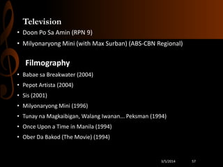 Television
• Doon Po Sa Amin (RPN 9)
• Milyonaryong Mini (with Max Surban) (ABS-CBN Regional)

Filmography
• Babae sa Breakwater (2004)
• Pepot Artista (2004)
• Sis (2001)
• Milyonaryong Mini (1996)
• Tunay na Magkaibigan, Walang Iwanan... Peksman (1994)
• Once Upon a Time in Manila (1994)

• Ober Da Bakod (The Movie) (1994)

3/5/2014

57

 