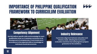 Industry Relevance
It promotes alignment between education and
industry needs. Allowing the Curriculum
evaluation examines how well programs prepare
graduates for the workforce.
12
IMPORTANCE OF PHILIPPINE QUALIFICATION
FRAMEWORK TO CURRICULUM EVALUATION
Competency Alignment
the PQF defines specific skills and knowledge for each
qualification level; so, it assesses curriculum in its
development of competencies, if such levels are in
accordance to the expected skills or knowledge an
individual should demonstrate.
 
