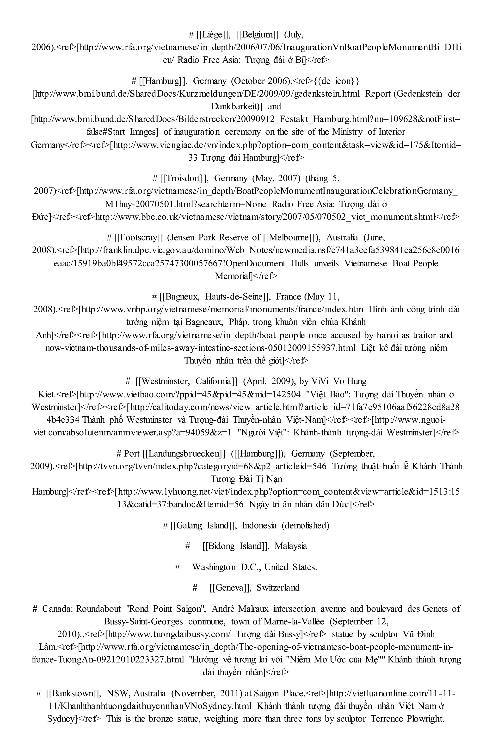 # [[Liège]], [[Belgium]] (July,
2006).<ref>[http://www.rfa.org/vietnamese/in_depth/2006/07/06/InaugurationVnBoatPeopleMonumentBi_DHi
eu/ Radio Free Asia: Tượng đài ở Bỉ]</ref>
# [[Hamburg]], Germany (October 2006).<ref>{{de icon}}
[http://www.bmi.bund.de/SharedDocs/Kurzmeldungen/DE/2009/09/gedenkstein.html Report (Gedenkstein der
Dankbarkeit)] and
[http://www.bmi.bund.de/SharedDocs/Bilderstrecken/20090912_Festakt_Hamburg.html?nn=109628&notFirst=
false#Start Images] of inauguration ceremony on the site of the Ministry of Interior
Germany</ref><ref>[http://www.viengiac.de/vn/index.php?option=com_content&task=view&id=175&Itemid=
33 Tượng đài Hamburg]</ref>
# [[Troisdorf]], Germany (May, 2007) (tháng 5,
2007)<ref>[http://www.rfa.org/vietnamese/in_depth/BoatPeopleMonumentInaugurationCelebrationGermany_
MThuy-20070501.html?searchterm=None Radio Free Asia: Tượng đài ở
Đức]</ref><ref>http://www.bbc.co.uk/vietnamese/vietnam/story/2007/05/070502_viet_monument.shtml</ref>
# [[Footscray]] (Jensen Park Reserve of [[Melbourne]]), Australia (June,
2008).<ref>[http://franklin.dpc.vic.gov.au/domino/Web_Notes/newmedia.nsf/e741a3eefa539841ca256c8c0016
eaac/15919ba0bf49572cca25747300057667!OpenDocument Hulls unveils Vietnamese Boat People
Memorial]</ref>
# [[Bagneux, Hauts-de-Seine]], France (May 11,
2008).<ref>[http://www.vnbp.org/vietnamese/memorial/monuments/france/index.htm Hình ảnh công trình đài
tưởng niệm tại Bagneaux, Pháp, trong khuôn viên chùa Khánh
Anh]</ref><ref>[http://www.rfa.org/vietnamese/in_depth/boat-people-once-accused-by-hanoi-as-traitor-and-
now-vietnam-thousands-of-miles-away-intestine-sections-05012009155937.html Liệt kê đài tưởng niệm
Thuyền nhân trên thế giới]</ref>
# [[Westminster, California]] (April, 2009), by ViVi Vo Hung
Kiet.<ref>[http://www.vietbao.com/?ppid=45&pid=45&nid=142504 ''Việt Báo'': Tượng đài Thuyền nhân ở
Westminster]</ref><ref>[http://calitoday.com/news/view_article.html?article_id=71fa7e95106aaf56228cd8a28
4b4e334 Thành phố Westminster và Tượng-đài Thuyền-nhân Việt-Nam]</ref><ref>[http://www.nguoi-
viet.com/absolutenm/anmviewer.asp?a=94059&z=1 ''Người Việt'': Khánh-thành tượng-đài Westminster]</ref>
# Port [[Landungsbruecken]] ([[Hamburg]]), Germany (September,
2009).<ref>[http://tvvn.org/tvvn/index.php?categoryid=68&p2_articleid=546 Tường thuật buổi lễ Khánh Thành
Tượng Đài Tị Nạn
Hamburg]</ref><ref>[http://www.lyhuong.net/viet/index.php?option=com_content&view=article&id=1513:15
13&catid=37:bandoc&Itemid=56 Ngày tri ân nhân dân Đức]</ref>
# [[Galang Island]], Indonesia (demolished)
# [[Bidong Island]], Malaysia
# Washington D.C., United States.
# [[Geneva]], Switzerland
# Canada: Roundabout "Rond Point Saigon", André Malraux intersection avenue and boulevard des Genets of
Bussy-Saint-Georges commune, town of Marne-la-Vallée (September 12,
2010).,<ref>[http://www.tuongdaibussy.com/ Tượng đài Bussy]</ref> statue by sculptor Vũ Đình
Lâm.<ref>[http://www.rfa.org/vietnamese/in_depth/The-opening-of-vietnamese-boat-people-monument-in-
france-TuongAn-09212010223327.html "Hướng về tương lai với ''Niềm Mơ Ước của Mẹ''" Khánh thành tượng
đài thuyền nhân]</ref>
# [[Bankstown]], NSW, Australia (November, 2011) at Saigon Place.<ref>[http://vietluanonline.com/11-11-
11/KhanhthanhtuongdaithuyennhanVNoSydney.html Khánh thành tượng đài thuyền nhân Việt Nam ở
Sydney]</ref> This is the bronze statue, weighing more than three tons by sculptor Terrence Plowright.
 