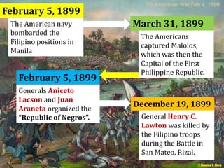March 31, 1899 
The Americans 
captured Malolos, 
which was then the 
Capital of the First 
Philippine Republic. 
February 5, 1899 
The American navy 
bombarded the 
Filipino positions in 
Manila 
February 5, 1899 
Generals Aniceto 
Lacson and Juan 
Araneta organized the 
“Republic of Negros”. 
December 19, 1899 
General Henry C. 
Lawton was killed by 
the Filipino troops 
during the Battle in 
San Mateo, Rizal. 
© Jamaica C. Olazo 
 