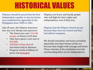 HISTORICAL VALUES 
Filipinos should be proud that the first 
independent republic in Asia by Asians 
was established by Aguinaldo in the 
Philippines from 1989 to 1901. 
Filipinos are brave and sturdy people 
who will fight for their rights and 
independence, even if they lose. 
Filipinos lost the Filipino-American war 
because they were not united and they 
had inferior weapons. 
Like all wars, the Filipino-American 
war was very bloody and expensive. 
• The Americans sent 126,248 
troops, of whom 4,234 died. 
• They have spent a vast sum of 
$16,000. 
• 200,000 civilian died of 
starvation and/or diseases. 
• Property worth of billions of 
pesos was damaged. 
We should remember and honor president 
Aguinaldo and other heroes of this era 
because they fought with courage and honor. 
These veterans of the revolution were the 
real founding father of our independence. 
© Jamaica C. Olazo 
 