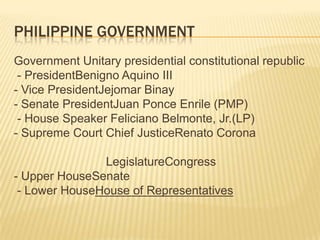 Philippine GovernmentGovernment Unitary presidential constitutional republic - PresidentBenigno Aquino III  - Vice PresidentJejomarBinay  - Senate PresidentJuan Ponce Enrile (PMP) - House Speaker Feliciano Belmonte, Jr.(LP) - Supreme Court Chief JusticeRenatoCoronaLegislatureCongress - Upper HouseSenate - Lower HouseHouse of Representatives