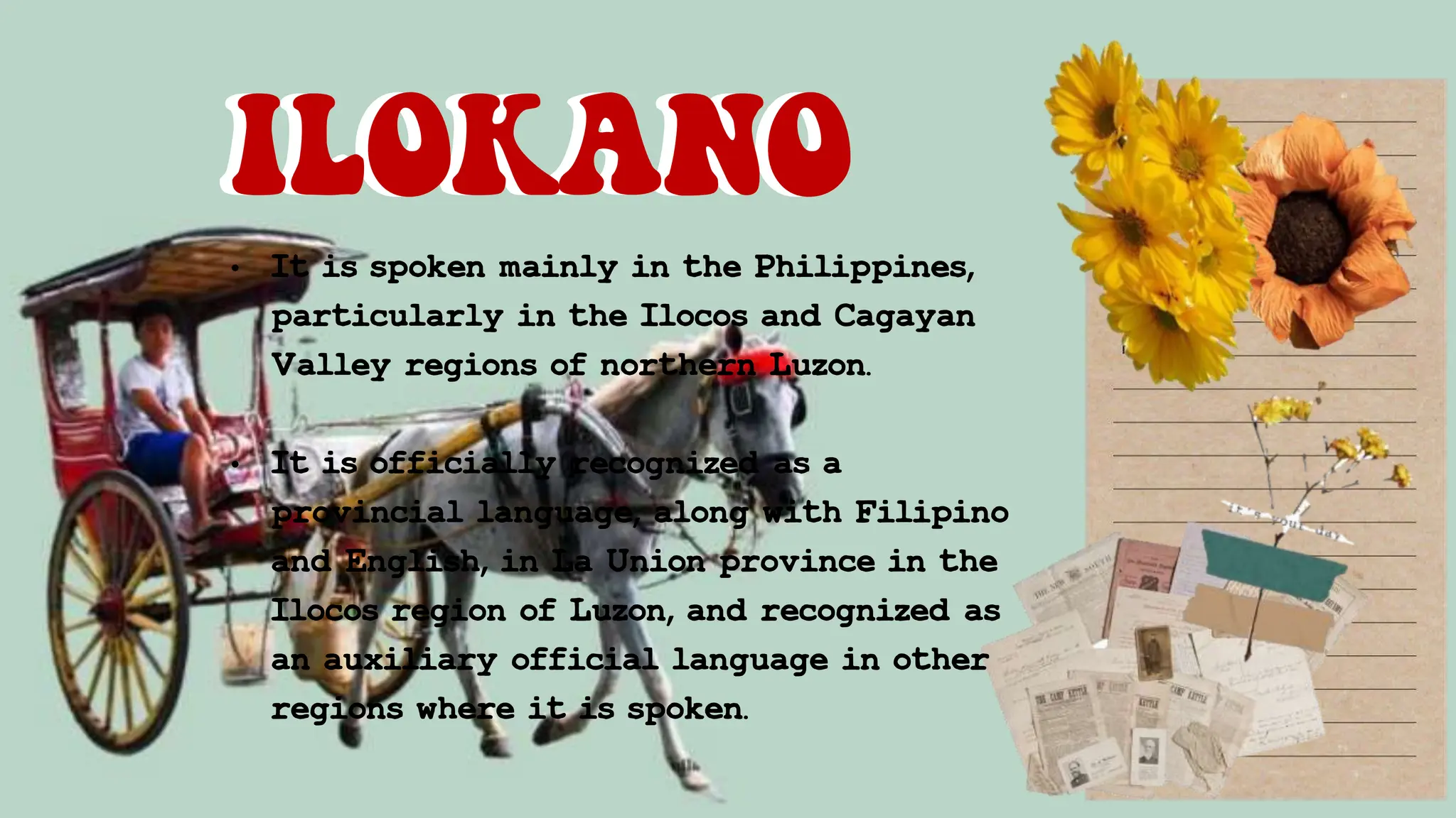 • It is spoken mainly in the Philippines,
particularly in the Ilocos and Cagayan
Valley regions of northern Luzon.
• It is officially recognized as a
provincial language, along with Filipino
and English, in La Union province in the
Ilocos region of Luzon, and recognized as
an auxiliary official language in other
regions where it is spoken.
ILOKANO
ILOKANO
 