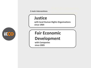 Fair Economic
2 main interventions
                       Development
                       cooperation with the private sector
    Justice
    with local Human Rights Organisations
    since 1964


     Fair Economic
     Development
     with Companies
     since 2005
 