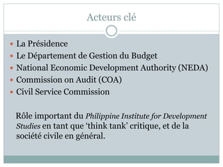 Acteurs clé

 La Présidence
 Le Département de Gestion du Budget
 National Economic Development Authority (NEDA)
 Commission on Audit (COA)
 Civil Service Commission


 Rôle important du Philippine Institute for Development
 Studies en tant que ‘think tank’ critique, et de la
 société civile en général.
 