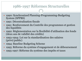 1986-1997 Réformes Structurelles

 1990: Synchronized Planning-Programming-Budgeting
    System (SPPBS)
   1991: Décentralisation fiscale
   1991: Renforcement du Contrôle des programmes et gestion
    des liquidités
   1992: Réglementation sur la flexibilité d’utilisation des fonds
    (deux ans de validité des crédits)
   1993-1994: Loi sur la standardisation des salaires
    (privé/public)
   1994: Baseline Budgeting Scheme
   1995: Réforme du système d’engagement et de déboursement
   1995-1997: Réforme du système des impôts et taxes
 