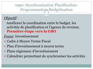 1990: Synchronisation Planification-
          Programmation-Budgétisation

Objectif:
  Améliorer la coordination entre le budget, les
  activités de planification et l’agence de revenus.
  Première étape vers la GBO
Focus: Investissement
 Cadre à Moyen Terme Fiscal
 Plan d’investissement à moyen terme
 Plans régionaux d’investissement
 Calendrier permettant de synchroniser les activités
 