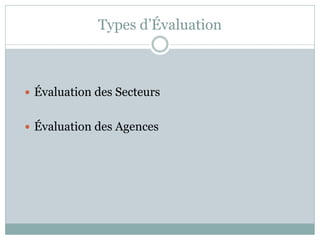 Types d’Évaluation



 Évaluation des Secteurs


 Évaluation des Agences
 