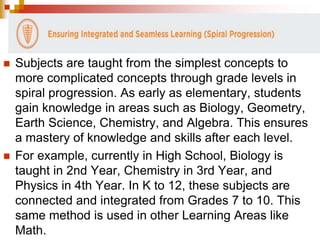 Subjects are taught from the simplest concepts to 
more complicated concepts through grade levels in 
spiral progression. As early as elementary, students 
gain knowledge in areas such as Biology, Geometry, 
Earth Science, Chemistry, and Algebra. This ensures 
a mastery of knowledge and skills after each level. 
 For example, currently in High School, Biology is 
taught in 2nd Year, Chemistry in 3rd Year, and 
Physics in 4th Year. In K to 12, these subjects are 
connected and integrated from Grades 7 to 10. This 
same method is used in other Learning Areas like 
Math. 
 