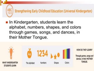  In Kindergarten, students learn the 
alphabet, numbers, shapes, and colors 
through games, songs, and dances, in 
their Mother Tongue. 
 