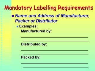 MandatoryMandatory LabellingLabelling RequirementsRequirements
Name and Address of Manufacturer,
Packer or Distributor
Exa...