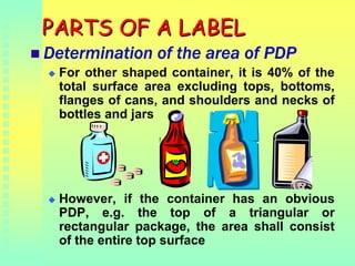 PARTS OF A LABELPARTS OF A LABEL
Determination of the area of PDP
For other shaped container, it is 40% of the
total surfa...