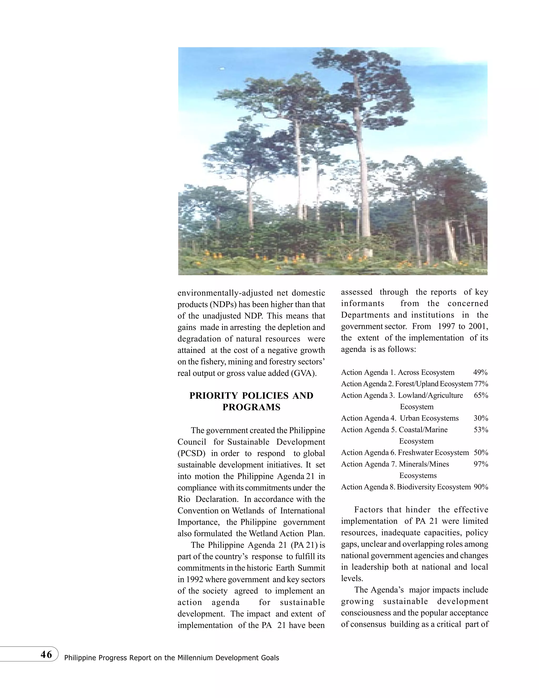 Philippine Progress Report on the Millennium Development Goals46
environmentally-adjusted net domestic
products (NDPs) has been higher than that
of the unadjusted NDP. This means that
gains made in arresting the depletion and
degradation of natural resources were
attained at the cost of a negative growth
on the fishery, mining and forestry sectors’
real output or gross value added (GVA).
PRIORITY POLICIES AND
PROGRAMS
The government created the Philippine
Council for Sustainable Development
(PCSD) in order to respond to global
sustainable development initiatives. It set
into motion the Philippine Agenda 21 in
compliance withitscommitmentsunder the
Rio Declaration. In accordance with the
Convention on Wetlands of International
Importance, the Philippine government
also formulated the Wetland Action Plan.
The Philippine Agenda 21 (PA 21) is
part of the country’s response to fulfill its
commitments in the historic Earth Summit
in 1992 where government and key sectors
of the society agreed to implement an
action agenda for sustainable
development. The impact and extent of
implementation of the PA 21 have been
assessed through the reports of key
informants from the concerned
Departments and institutions in the
government sector. From 1997 to 2001,
the extent of the implementation of its
agenda is as follows:
Action Agenda 1. Across Ecosystem 49%
ActionAgenda2.Forest/UplandEcosystem77%
Action Agenda 3. Lowland/Agriculture 65%
Ecosystem
Action Agenda 4. Urban Ecosystems 30%
Action Agenda 5. Coastal/Marine 53%
Ecosystem
Action Agenda 6. Freshwater Ecosystem 50%
Action Agenda 7. Minerals/Mines 97%
Ecosystems
Action Agenda 8. Biodiversity Ecosystem 90%
Factors that hinder the effective
implementation of PA 21 were limited
resources, inadequate capacities, policy
gaps, unclear and overlapping roles among
national government agencies and changes
in leadership both at national and local
levels.
The Agenda’s major impacts include
growing sustainable development
consciousness and the popular acceptance
of consensus building as a critical part of
 