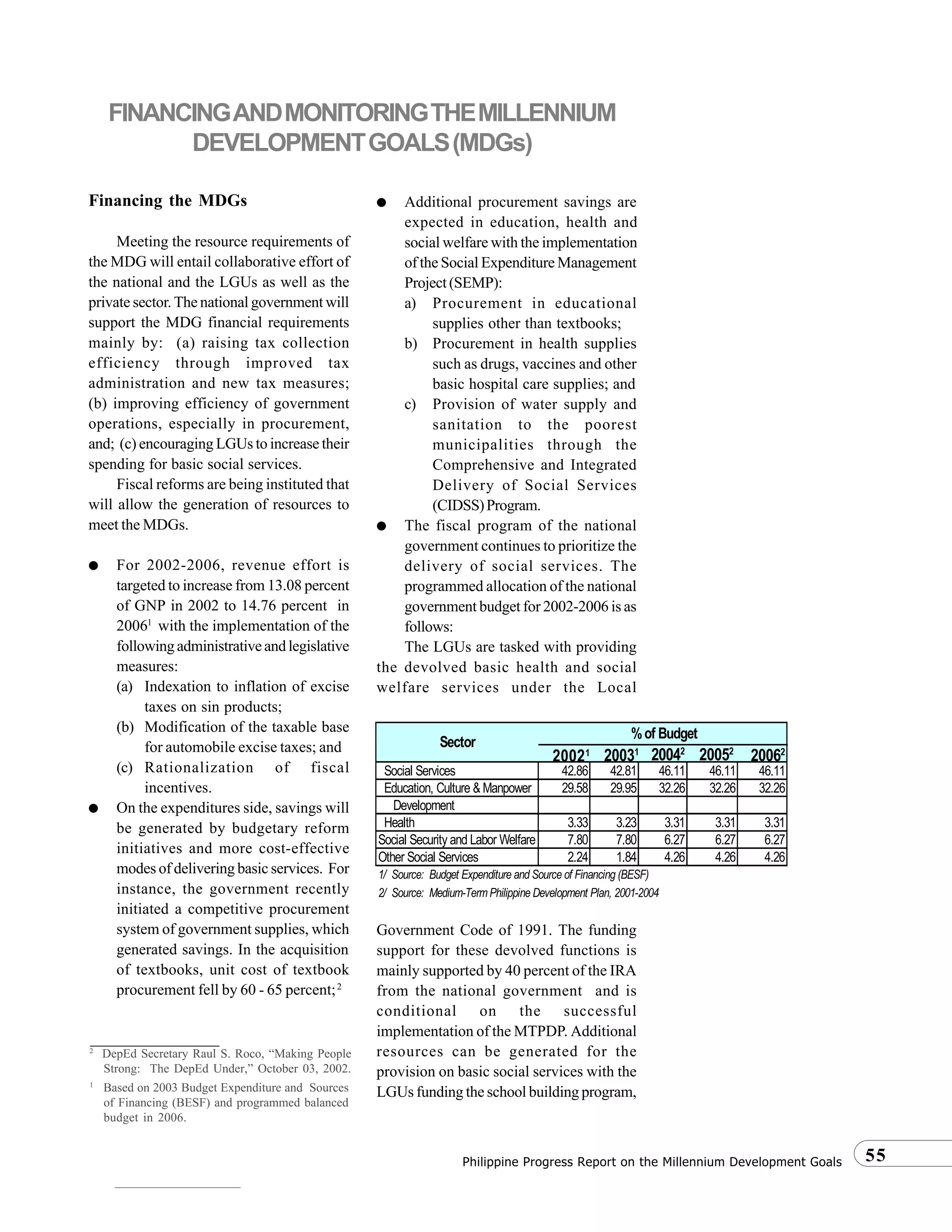 55Philippine Progress Report on the Millennium Development Goals
Financing the MDGs
Meeting the resource requirements of
the MDG will entail collaborative effort of
the national and the LGUs as well as the
private sector. The national government will
support the MDG financial requirements
mainly by: (a) raising tax collection
efficiency through improved tax
administration and new tax measures;
(b) improving efficiency of government
operations, especially in procurement,
and; (c) encouraging LGUs to increase their
spending for basic social services.
Fiscal reforms are being instituted that
will allow the generation of resources to
meet the MDGs.
● For 2002-2006, revenue effort is
targeted to increase from 13.08 percent
of GNP in 2002 to 14.76 percent in
20061
with the implementation of the
followingadministrativeandlegislative
measures:
(a) Indexation to inflation of excise
taxes on sin products;
(b) Modification of the taxable base
for automobile excise taxes; and
(c) Rationalization of fiscal
incentives.
● On the expenditures side, savings will
be generated by budgetary reform
initiatives and more cost-effective
modes of delivering basic services. For
instance, the government recently
initiated a competitive procurement
system of government supplies, which
generated savings. In the acquisition
of textbooks, unit cost of textbook
procurement fell by 60 - 65 percent;2
● Additional procurement savings are
expected in education, health and
social welfare with the implementation
of the Social Expenditure Management
Project (SEMP):
a) Procurement in educational
supplies other than textbooks;
b) Procurement in health supplies
such as drugs, vaccines and other
basic hospital care supplies; and
c) Provision of water supply and
sanitation to the poorest
municipalities through the
Comprehensive and Integrated
Delivery of Social Services
(CIDSS)Program.
● The fiscal program of the national
government continues to prioritize the
delivery of social services. The
programmed allocation of the national
government budget for 2002-2006 is as
follows:
The LGUs are tasked with providing
the devolved basic health and social
welfare services under the Local
Government Code of 1991. The funding
support for these devolved functions is
mainly supported by 40 percent of the IRA
from the national government and is
conditional on the successful
implementation of the MTPDP. Additional
resources can be generated for the
provision on basic social services with the
LGUs funding the school building program,
2
DepEd Secretary Raul S. Roco, “Making People
Strong: The DepEd Under,” October 03, 2002.
FINANCINGANDMONITORINGTHEMILLENNIUM
DEVELOPMENTGOALS(MDGs)
1
Based on 2003 Budget Expenditure and Sources
of Financing (BESF) and programmed balanced
budget in 2006.
Social Services 42.86 42.81 46.11 46.11 46.11
Education, Culture & Manpower 29.58 29.95 32.26 32.26 32.26
Development
Health 3.33 3.23 3.31 3.31 3.31
Social Security and Labor Welfare 7.80 7.80 6.27 6.27 6.27
Other Social Services 2.24 1.84 4.26 4.26 4.26
1/ Source: Budget Expenditure and Source of Financing (BESF)
2/ Source: Medium-Term Philippine Development Plan, 2001-2004
Sector
%of Budget
20021
20031
20042
20052
20062
 