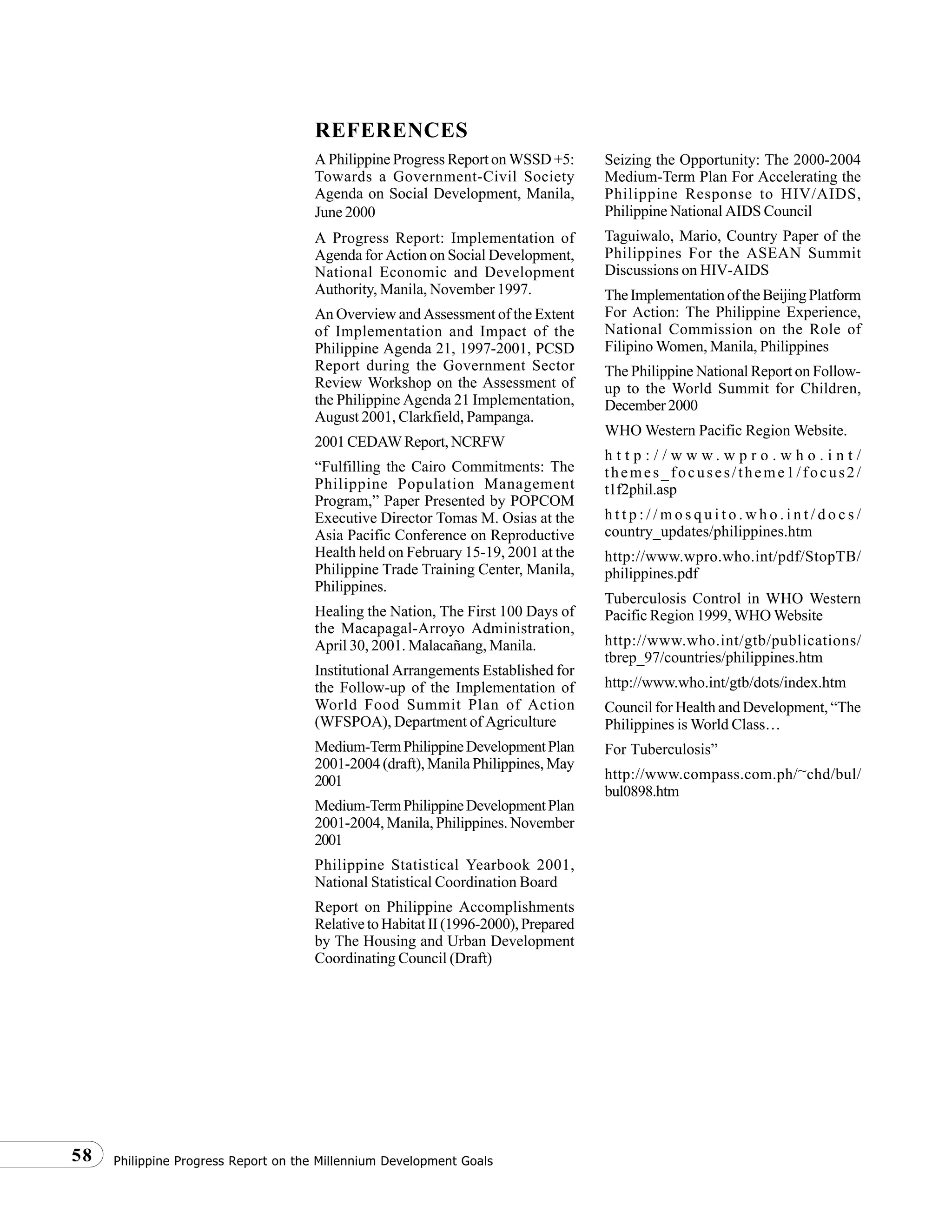 Philippine Progress Report on the Millennium Development Goals58
REFERENCES
A Philippine Progress Report on WSSD +5:
Towards a Government-Civil Society
Agenda on Social Development, Manila,
June 2000
A Progress Report: Implementation of
Agenda for Action on Social Development,
National Economic and Development
Authority, Manila, November 1997.
An Overview and Assessment of the Extent
of Implementation and Impact of the
Philippine Agenda 21, 1997-2001, PCSD
Report during the Government Sector
Review Workshop on the Assessment of
the Philippine Agenda 21 Implementation,
August 2001, Clarkfield, Pampanga.
2001CEDAWReport,NCRFW
“Fulfilling the Cairo Commitments: The
Philippine Population Management
Program,” Paper Presented by POPCOM
Executive Director Tomas M. Osias at the
Asia Pacific Conference on Reproductive
Health held on February 15-19, 2001 at the
Philippine Trade Training Center, Manila,
Philippines.
Healing the Nation, The First 100 Days of
the Macapagal-Arroyo Administration,
April 30, 2001. Malacañang, Manila.
Institutional Arrangements Established for
the Follow-up of the Implementation of
World Food Summit Plan of Action
(WFSPOA), Department of Agriculture
Medium-TermPhilippineDevelopmentPlan
2001-2004 (draft), Manila Philippines, May
2001
Medium-TermPhilippineDevelopmentPlan
2001-2004, Manila, Philippines. November
2001
Philippine Statistical Yearbook 2001,
National Statistical Coordination Board
Report on Philippine Accomplishments
Relative to Habitat II (1996-2000), Prepared
by The Housing and Urban Development
Coordinating Council (Draft)
Seizing the Opportunity: The 2000-2004
Medium-Term Plan For Accelerating the
Philippine Response to HIV/AIDS,
Philippine National AIDS Council
Taguiwalo, Mario, Country Paper of the
Philippines For the ASEAN Summit
Discussions on HIV-AIDS
TheImplementationoftheBeijingPlatform
For Action: The Philippine Experience,
National Commission on the Role of
Filipino Women, Manila, Philippines
The Philippine National Report on Follow-
up to the World Summit for Children,
December2000
WHO Western Pacific Region Website.
h t t p : / / w w w . w p r o . w h o . i n t /
themes_focuses/theme1/focus2/
t1f2phil.asp
h t t p : / / m o s q u i t o . w h o . i n t / d o c s /
country_updates/philippines.htm
http://www.wpro.who.int/pdf/StopTB/
philippines.pdf
Tuberculosis Control in WHO Western
Pacific Region 1999, WHO Website
http://www.who.int/gtb/publications/
tbrep_97/countries/philippines.htm
http://www.who.int/gtb/dots/index.htm
Council for Health and Development, “The
Philippines is World Class…
For Tuberculosis”
http://www.compass.com.ph/~chd/bul/
bul0898.htm
 
