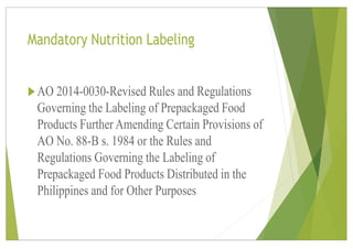 Mandatory Nutrition Labeling
uAO 2014-0030-Revised Rules and Regulations
Governing the Labeling of Prepackaged Food
Produc...