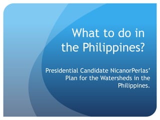 What to do in the Philippines?,[object Object],Presidential Candidate NicanorPerlas’ Plan for the Watersheds in the Philippines. ,[object Object]