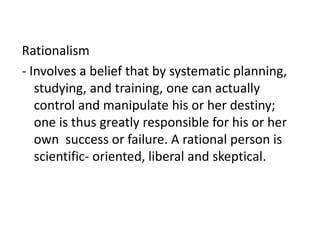 	Filipino is pulled towards the opposite directions of two conflicting value orientation- the eastern or oriental and the western or occidental value orientation. Filipino inconsistency in his patterns of behavior. They gravitate toward the opposing value orientation ,such as non- rationalism vs. rationalism , personalism vs. impersonalism; particularism vs. universalism and nationalism vs. internationalism.