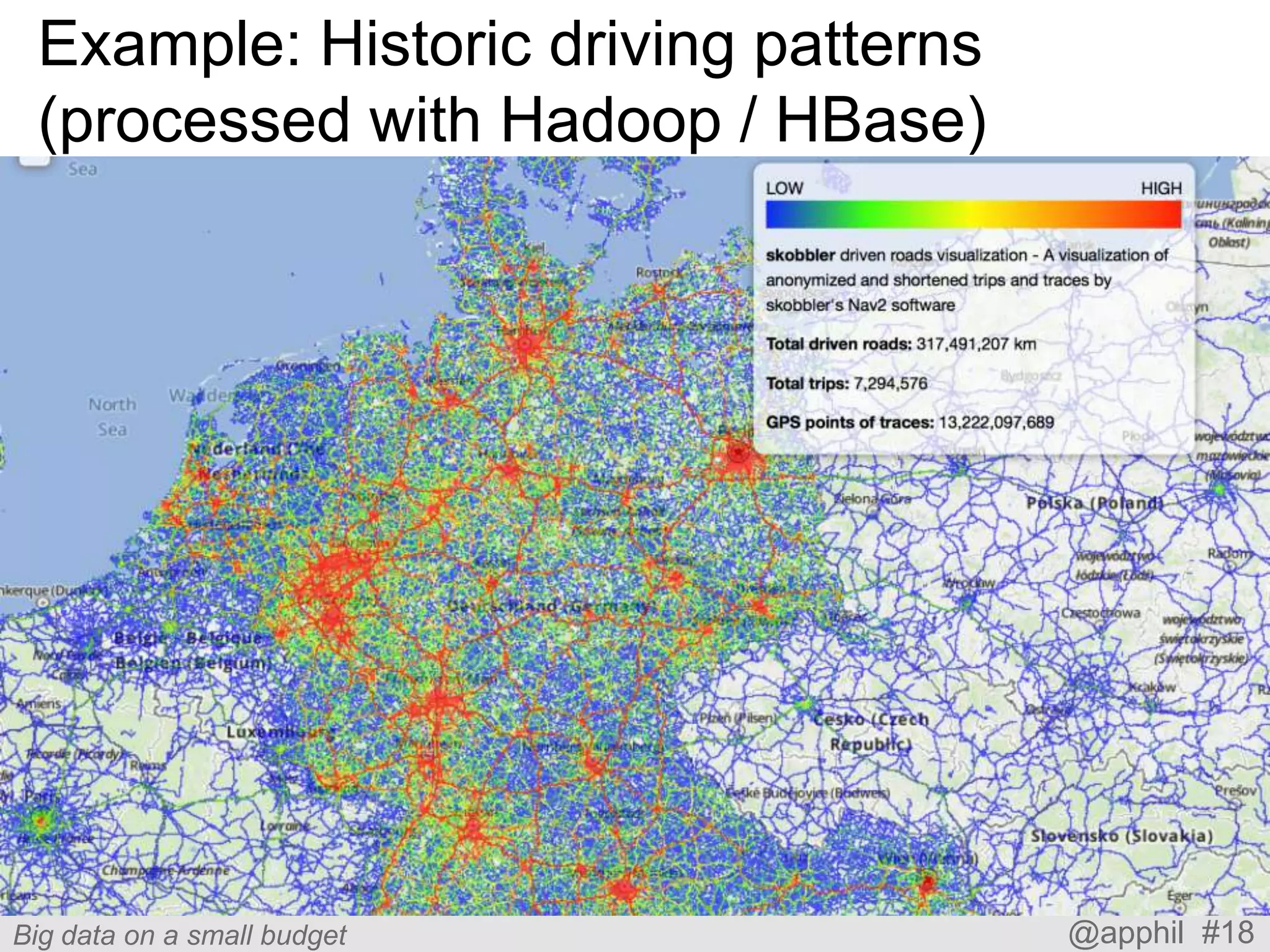 Example: Historic driving patterns
(processed with Hadoop / HBase)

Big data on a small budget

@apphil #18

 
