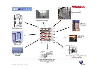 Sonnenschutz




                                  Tageslichtnutzung

                                                                                 Medien
                                                                                 Fassade

hochisolierend




                                                                            natürliche
                                                                            Lüftung


 vorgefertigte
      f ti t
   Elemente




 Photovoltaik-
   module                                                     fassadenintegriertes Heizen,
                                                                     Kühlen, Lüften
                                                                           ,
                                    Facility Management und
                                      Gebäudeautomation
                                                (21)

WICONA ist eine Marke von Hydro
 
