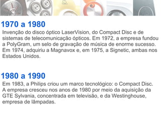 1970 a 1980 1980 a 1990 Invenção do disco óptico LaserVision, do Compact Disc e de sistemas de telecomunicação ópticos. Em 1972, a empresa fundou a PolyGram, um selo de gravação de música de enorme sucesso. Em 1974, adquiriu a Magnavox e, em 1975, a Signetic, ambas nos Estados Unidos. Em 1983, a Philips criou um marco tecnológico: o Compact Disc. A empresa cresceu nos anos de 1980 por meio da aquisição da GTE Sylvania, concentrada em televisão, e da Westinghouse, empresa de lâmpadas. 