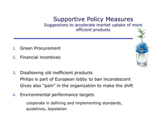 Supportive Policy Measures
                      Suggestions to accelerate market uptake of more
                                     efficient products



1.   Green Procurement

2.   Financial incentives


3.   Disallowing old inefficient products
     Philips is part of European lobby to ban incandescent
     Gives also “pain” in the organization to make the shift

4.   Environmental performance targets
         cooperate in defining and implementing standards,
         guidelines, legislation
                                                                        Page 17
ELC070222 IEA Workshop Paris                                               10
 