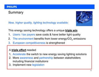 Summary

New, higher quality, lighting technology available:

This energy saving technology offers a unique triple win
1. Users / tax payers save costs & have better light quality
2. The environment benefits from lower energy/CO2 emissions
3. European competitiveness is strengthened

A triple effort needed
1. Accelerate the switch to new energy saving lighting solutions
2. More awareness and partnership between stakeholders
   including financial institutions
3. Implement new legislation
                                                                   12
 