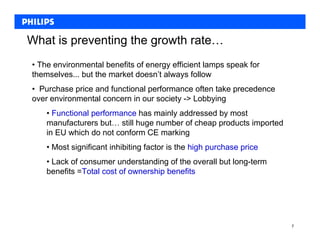 What is preventing the growth rate…
• The environmental benefits of energy efficient lamps speak for
themselves... but the market doesn’t always follow
• Purchase price and functional performance often take precedence
over environmental concern in our society -> Lobbying
    • Functional performance has mainly addressed by most
    manufacturers but… still huge number of cheap products imported
    in EU which do not conform CE marking
    • Most significant inhibiting factor is the high purchase price
    • Lack of consumer understanding of the overall but long-term
    benefits =Total cost of ownership benefits




                                                                      7
 