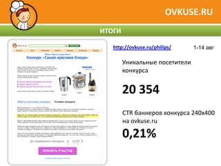 OVKUSE.RU
ИТОГИ

   http://ovkuse.ru/philips/    1-14 авг

        Уникальные посетители
        конкурса


        20 354
        CTR баннеров конкурса 240х400
        на ovkuse.ru

        0,21%
 