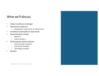 What	we’ll	discuss
• Today’s	healthcare	challenges
• Data-driven	healthcare
– Moving	from	“Screen	Time”	to	“Patient	Time”
• Healthtech and	healthcare	data	trends
• Democratization	of	data
– What	is	it
– How	to	achieve	it
• Achieving	data	democratization
– Business	model	innovation
– Community	innovation
– Technology	innovation
• Benefits
2 Big	Data	Expo	2017	|	Philips	Radiology	Solutions
 