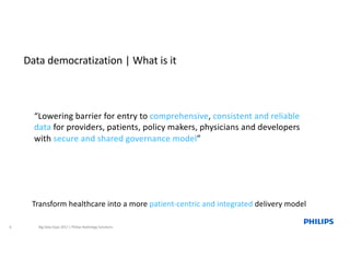 Data	democratization	|	What	is	it
“Lowering	barrier	for	entry	to	comprehensive,	consistent and	reliable	
data	for	providers,	patients,	policy	makers,	physicians	and	developers	
with	secure	and	shared	governance	model”	
Big	Data	Expo	2017	|	Philips	Radiology	Solutions6
Transform	healthcare	into	a	more	patient-centric	and	integrated	delivery	model
 