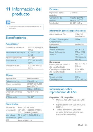 23ES-AR
11	Información del
producto
Nota
•• La información del producto está sujeta a cambios sin
previo aviso.
Especificaciones
Amplificador
Potencia de salida total 1200 W RMS (30%
THD)
Respuesta de frecuencia 60 Hz -20 KHz,
±3 dB
Relación señal/ruido >67 dBA
Entrada AUX 2000 mV RMS 22
kohm
Entrada de audio 1000 mV RMS 22
kohm
Discos
Tipo de láser Semiconductor
Diámetro del disco 12 cm / 8 cm
Discos compatibles CD-DA, CD-R, CD-
RW, MP3-CD
DAC de audio 24 bits / 44,1 kHz
Distorsión armónica
total
<30 % (1 kHz)
SNR de audio >67 dBA
Sintonizador
Alcance de
sintonización
FM: 87,5 - 108 MHz
AM: 531 - 1.602 kHz (9 KHz);
530 -1.700 KHz (10 KHz)
Intervalo de
sintonización
50 kHz (FM), 9 kHz/10 KHz
(AM)
AM Antena tipo bucle
Parlantes
Impedancia de los
parlantes
3 ohmios
Controlador del
parlante
Woofer de 8"*2 +
tweeter de 2"* 2
Sensibilidad 86 dB/1 m/1 w
Información general: especificaciones
Alimentación de CA 110V-240
V~/50-60 Hz
Consumo de energía en
funcionamiento
200 W
USB directo Versión 2.0
Bluetooth
Versión Bluetooth®
Banda de frecuencia
Alcance
V2.1 + EDR
ISM de 2,402 -
2,480 GHz
10 m (espacio
abierto)
Dimensiones
Unidad principal (ancho x
alto x profundidad)
Caja del parlante (ancho x
alto x profundidad)
467 x 140 x
320 mm
321 x 485 x
255 mm
Peso
Unidad principal
Caja del parlante
3,73 kg
8,5 kg cada uno
Información sobre
reproducción de USB
Dispositivos USB compatibles:
•	 Memoria flash USB (USB 2.0 o USB
1.1)
•	 Reproductores flash USB (USB 2.0 o
USB 1.1)
•	 Tarjetas de memoria (requieren
un lector de tarjetas adicional para
funcionar en esta unidad).
 