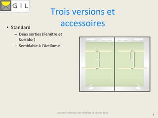 Trois versions et 
• Standard
                         accessoires
   – Deux sorties (Fenêtre et 
     Corridor)
   – Semblable à l’Actilume




                          Journée Technique de vendredi 15 janvier 2010
                                                                          7
 