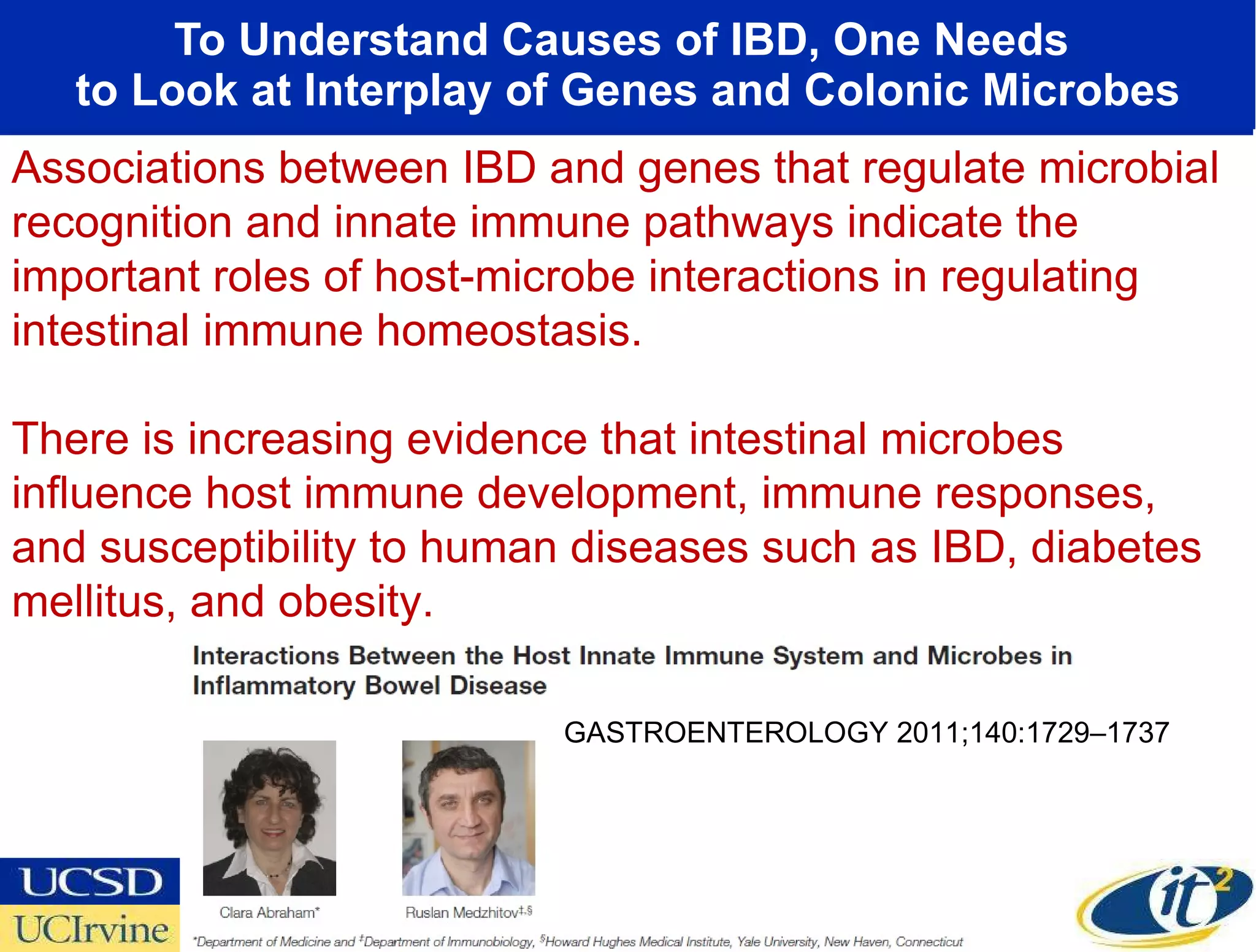 To Understand Causes of IBD, One Needs  to Look at Interplay of Genes and Colonic Microbes Associations between IBD and genes that regulate microbial recognition and innate immune pathways   indicate the important roles of host-microbe interactions in regulating intestinal immune homeostasis.  There is increasing evidence that intestinal microbes influence host immune development, immune responses, and susceptibility to human diseases such as IBD, diabetes mellitus, and obesity. GASTROENTEROLOGY 2011;140:1729–1737 