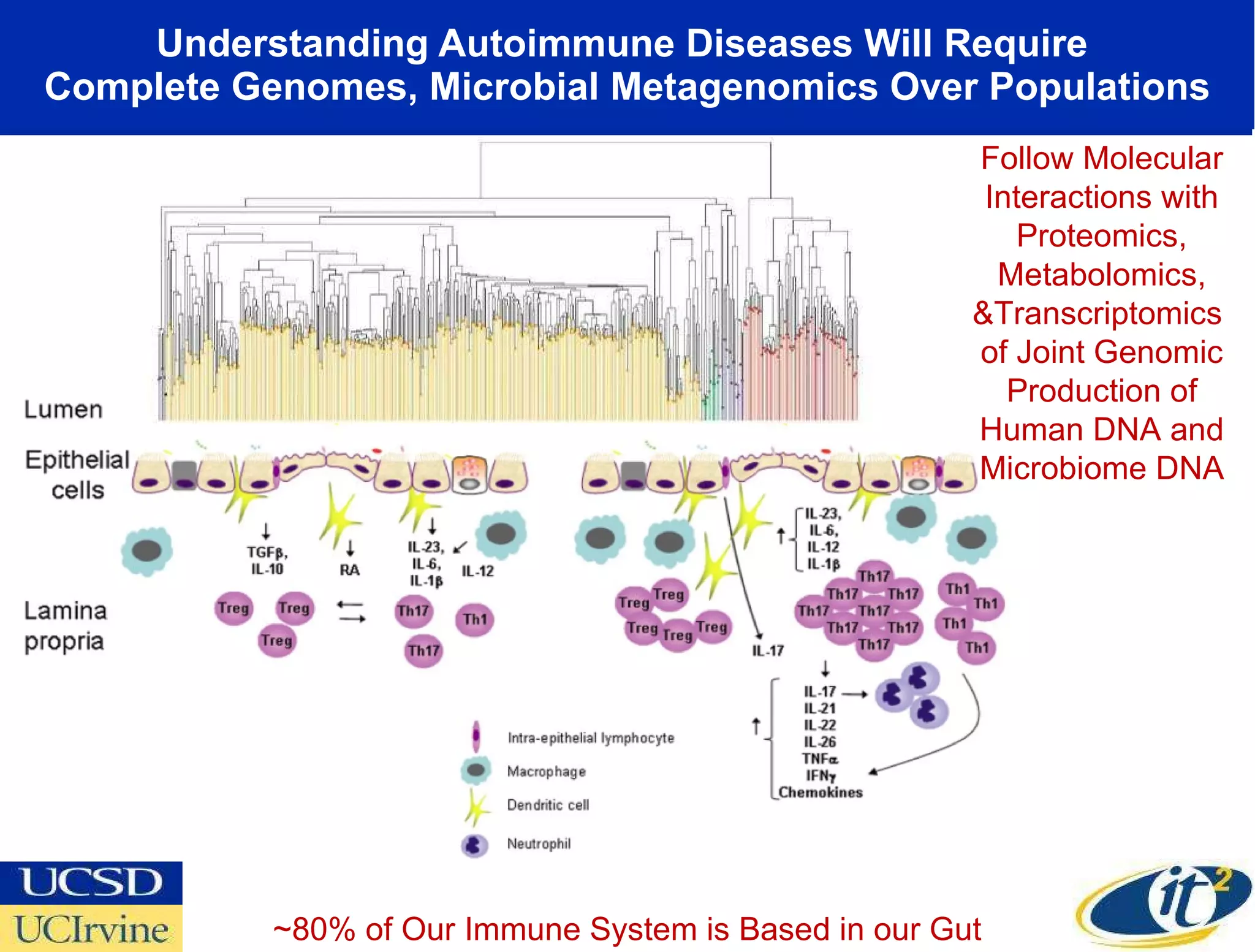 Understanding Autoimmune Diseases Will Require  Complete Genomes, Microbial Metagenomics Over Populations ~80% of Our Immune System is Based in our Gut Follow Molecular Interactions with Proteomics, Metabolomics, &Transcriptomics  of Joint Genomic Production of Human DNA and Microbiome DNA 