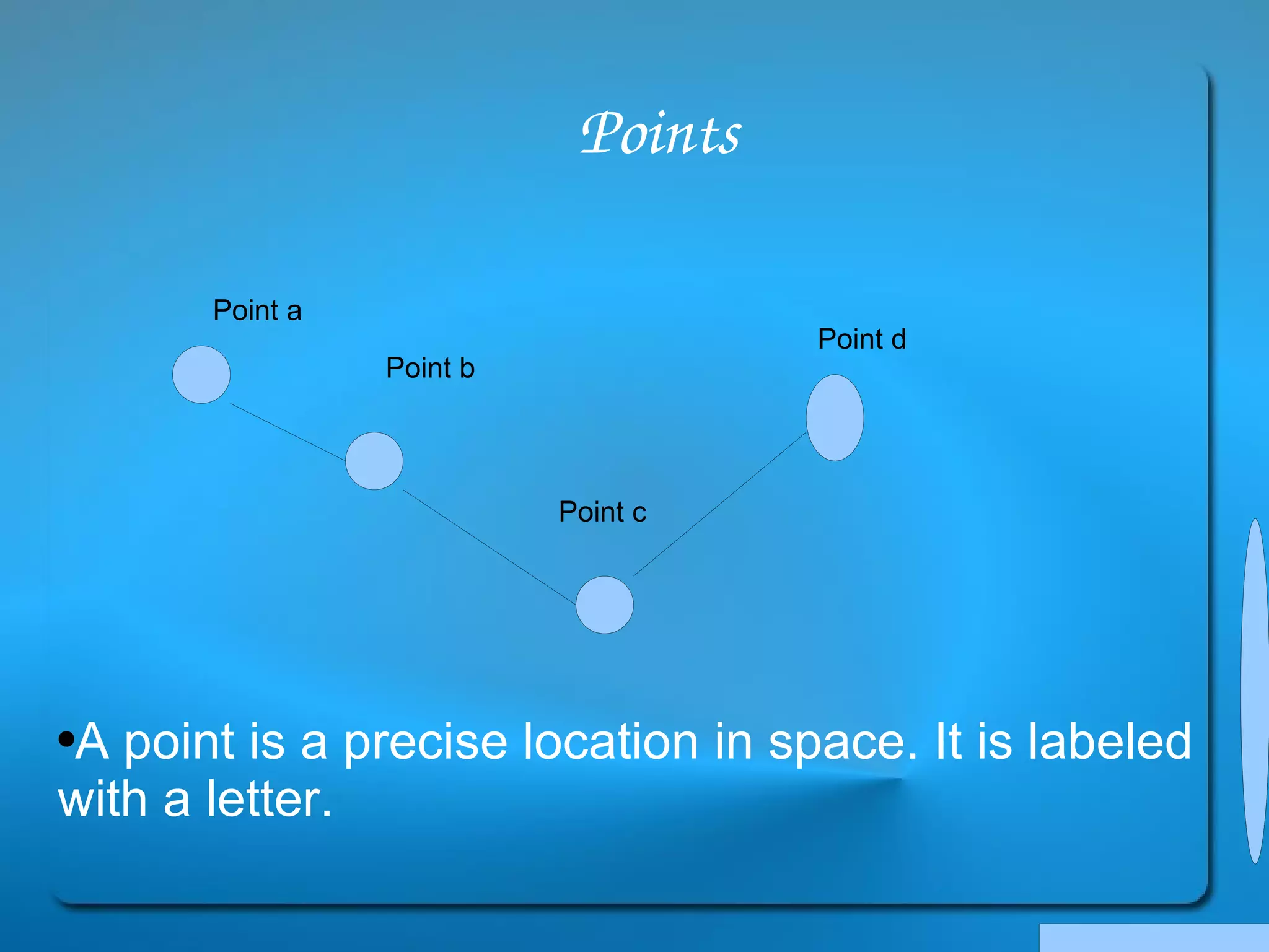 Points A point is a precise location in space. It is labeled with a letter. Point a Point b Point c Point d 