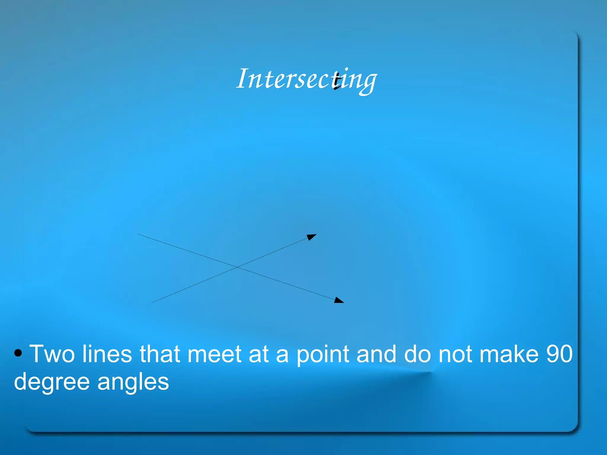 Intersec t ing Two lines that meet at a point and do not make 90 degree angles 