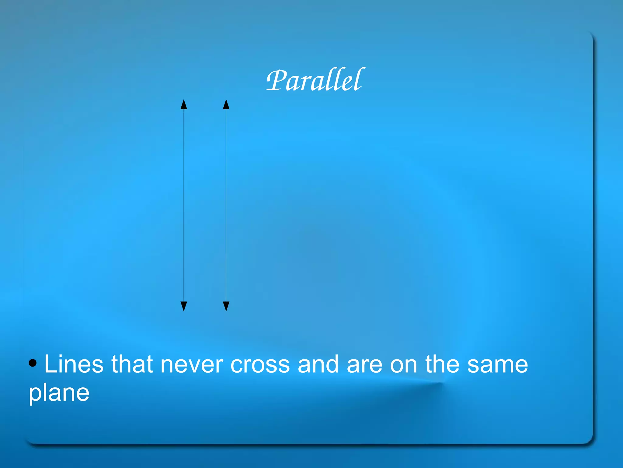 Parallel Lines that never cross and are on the same plane 
