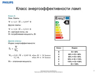 Класс энергоэффективности ламп
Класс А:
Люм. Лампы


Другие лампы:


Ф - световой поток, лм
W- потребляемая мощность, Вт


Другие классы:
Индекс энергоэффективности:

                                                                                Класс                 Индекс

                                                                                    B                 Et < 60%
                                                                                    C              60% <= Et < 80%
                                                                                    D              80% <= Et < 95%
                                                                                    E             95% <= Et < 110%
WR – эталонная мощность                                                             F             110% <= Et <130%
                                                                                    G                 Et > 130%



                                        Практические аспекты энергосбережения                                        7
                          Презентация компании Philips для Проекта EcoLounge (www.ecolounge.ru)
 