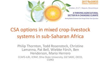 CSA options in mixed crop-livestock
systems in sub-Saharan Africa
Philip Thornton, Todd Rosenstock, Christine
Lamanna, Pat Bell, Wiebke Förch, Ben
Henderson, Mario Herrero
CCAFS-ILRI, ICRAF, Ohio State University, GIZ SADC, OECD,
CSIRO
 