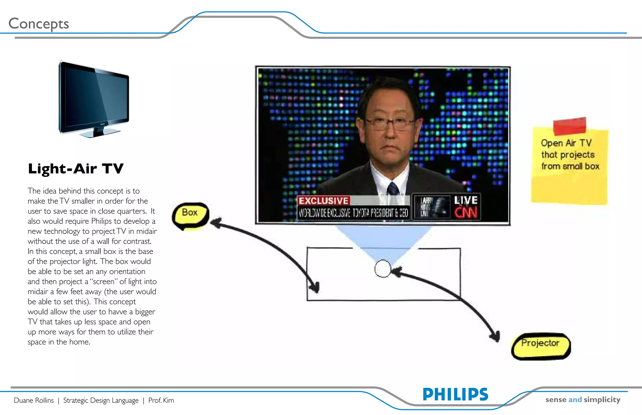 Concepts




    Light-Air TV
    The idea behind this concept is to
    make the TV smaller in order for the
    user to save space in close quarters. It
    also would require Philips to develop a
    new technology to project TV in midair
    without the use of a wall for contrast.
    In this concept, a small box is the base
    of the projector light. The box would
    be able to be set an any orientation
    and then project a “screen” of light into
    midair a few feet away (the user would
    be able to set this). This concept
    would allow the user to havve a bigger
    TV that takes up less space and open
    up more ways for them to utilize their
    space in the home.




Duane Rollins | Strategic Design Language | Prof. Kim
 