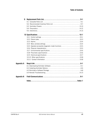 Table of Contents
1049766 Rev A V60 Ventilator Service Manual vii
9 Replacement Parts List. . . . . . . . . . . . . . . . ...